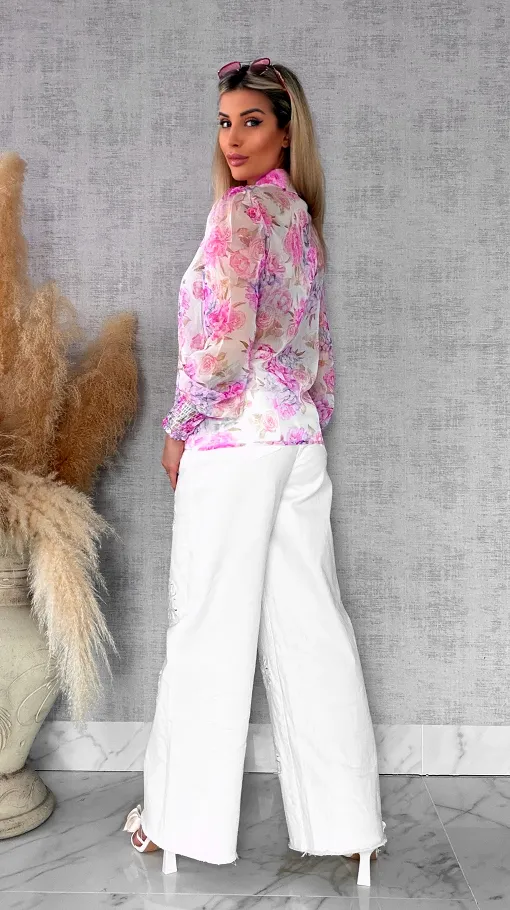 Elegancka bluzka koszulowa w różowe kwiaty - R739