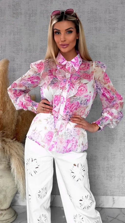 Elegancka bluzka koszulowa w różowe kwiaty - R739