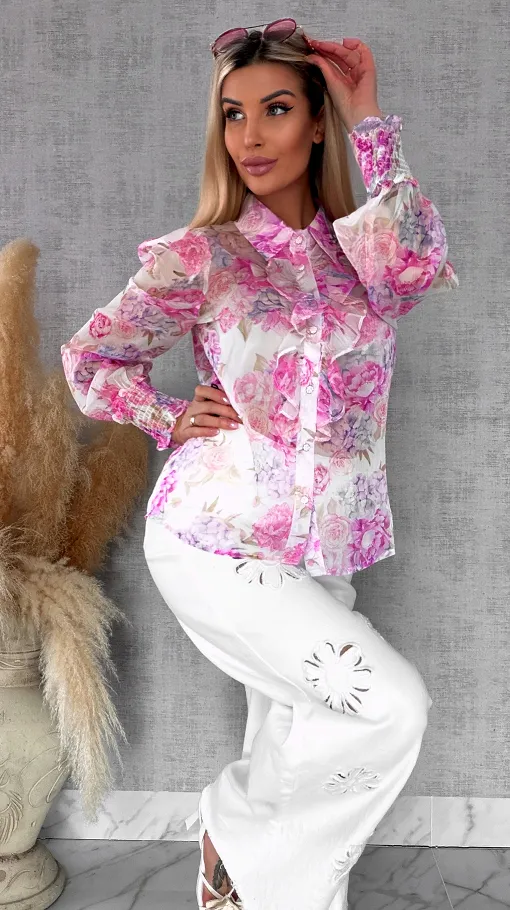 Elegancka bluzka koszulowa w różowe kwiaty - R739