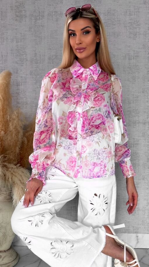 Elegancka bluzka koszulowa w różowe kwiaty - R739