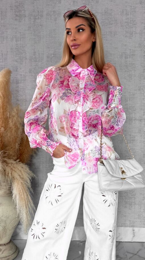 Elegancka bluzka koszulowa w różowe kwiaty - R739
