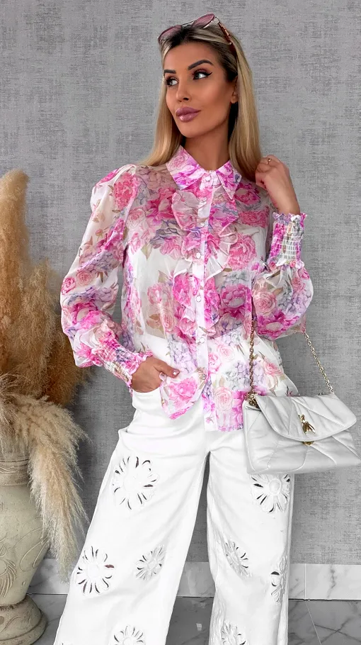 Elegancka bluzka koszulowa w różowe kwiaty - R739