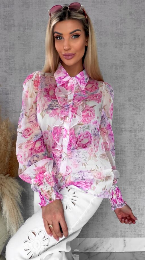 Elegancka bluzka koszulowa w różowe kwiaty - R739