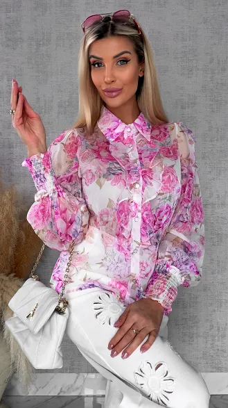 Elegancka bluzka koszulowa w różowe kwiaty - R739