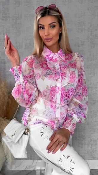 Elegancka bluzka koszulowa w różowe kwiaty - R739