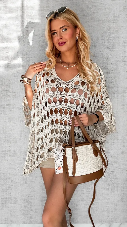 Ażurowa beżowa bluzka OVERSIZE w stylu nietoperza ONE SIZE - P652