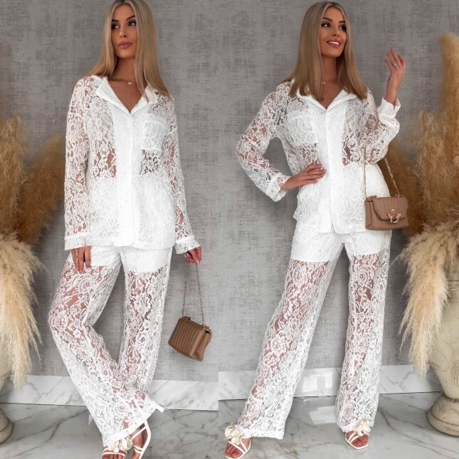 Niespotykany biały komplet z gipiury marynarka + spodnie - R768