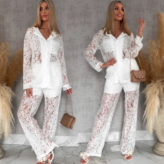 Niespotykany biały komplet z gipiury marynarka + spodnie - R768