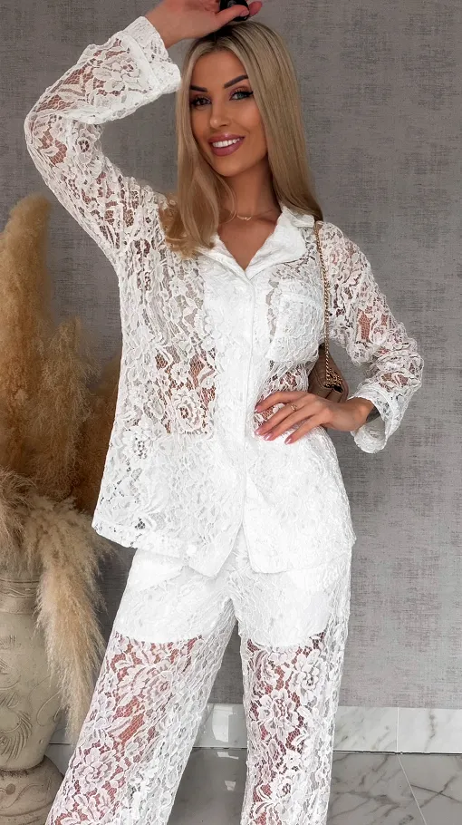 Niespotykany biały komplet z gipiury marynarka + spodnie - R768