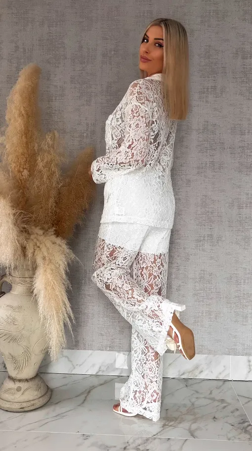 Niespotykany biały komplet z gipiury marynarka + spodnie - R768