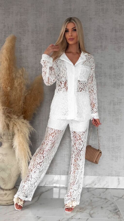 Niespotykany biały komplet z gipiury marynarka + spodnie - R768