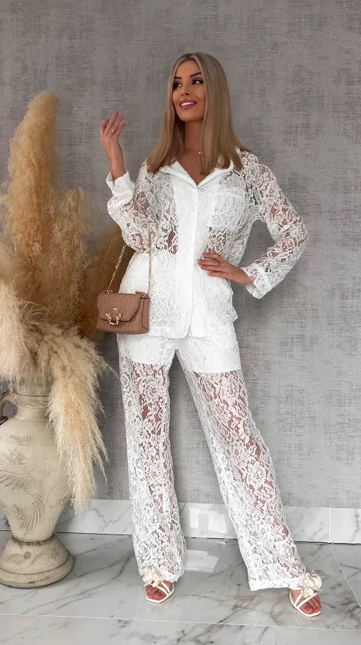 Niespotykany biały komplet z gipiury marynarka + spodnie - R768