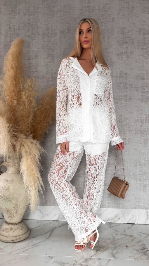 Niespotykany biały komplet z gipiury marynarka + spodnie - R768