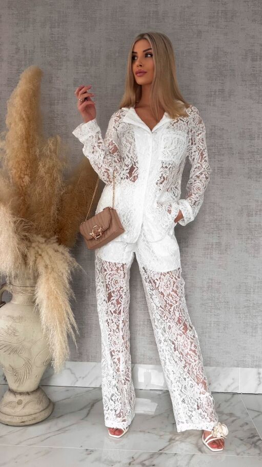 Niespotykany biały komplet z gipiury marynarka + spodnie - R768