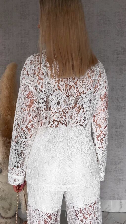 Niespotykany biały komplet z gipiury marynarka + spodnie - R768