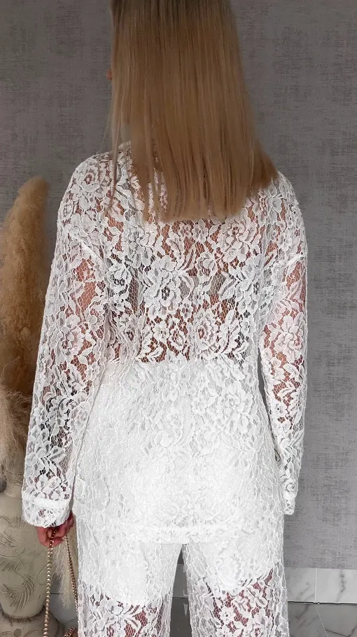 Niespotykany biały komplet z gipiury marynarka + spodnie - R768