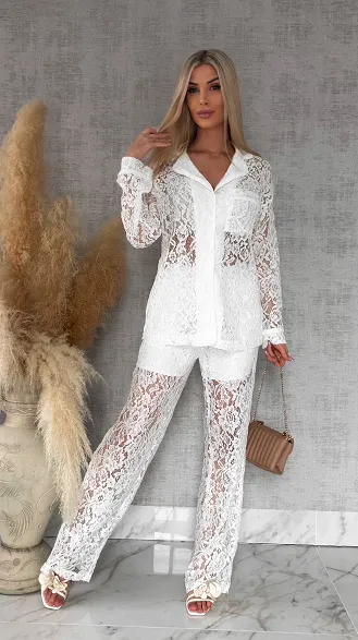 Niespotykany biały komplet z gipiury marynarka + spodnie - R768