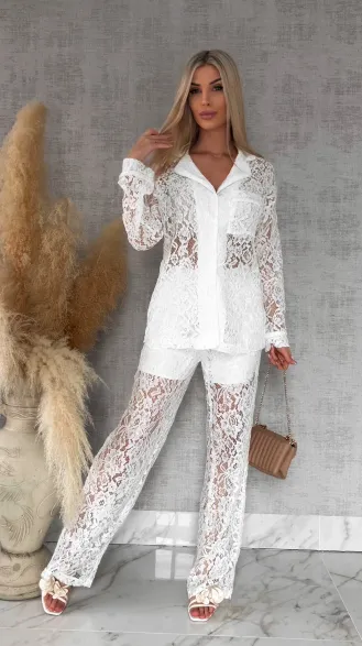 Niespotykany biały komplet z gipiury marynarka + spodnie - R768