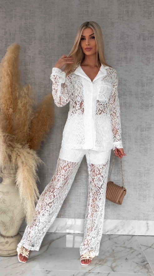 Niespotykany biały komplet z gipiury marynarka + spodnie - R768