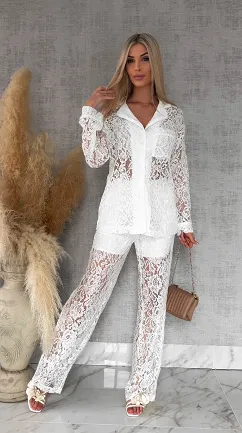 Niespotykany biały komplet z gipiury marynarka + spodnie - R768