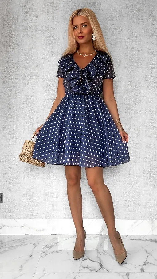 Granatowa sukienka w grochy z pięknym dekoltem ONE SIZE - P804