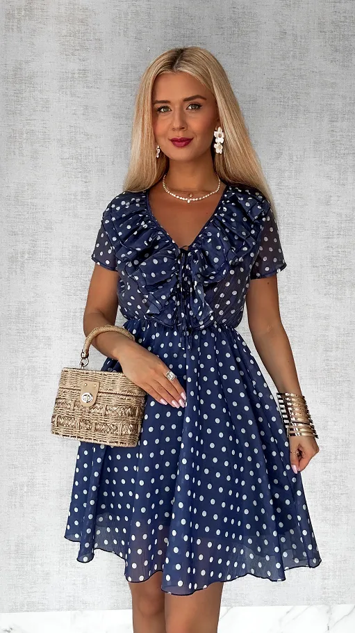Granatowa sukienka w grochy z pięknym dekoltem ONE SIZE - P804