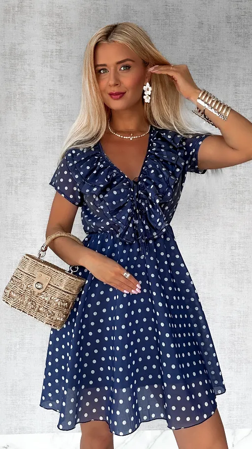 Granatowa sukienka w grochy z pięknym dekoltem ONE SIZE - P804