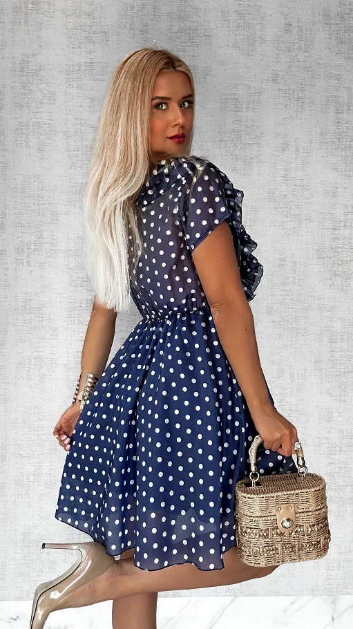 Granatowa sukienka w grochy z pięknym dekoltem ONE SIZE - P804