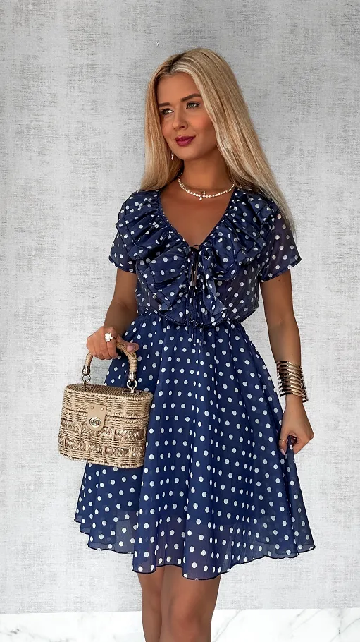 Granatowa sukienka w grochy z pięknym dekoltem ONE SIZE - P804