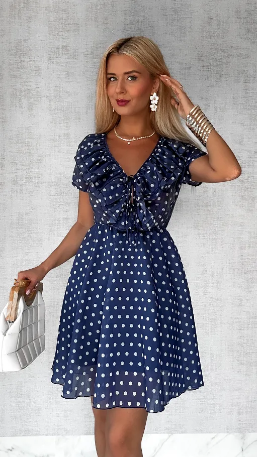 Granatowa sukienka w grochy z pięknym dekoltem ONE SIZE - P804