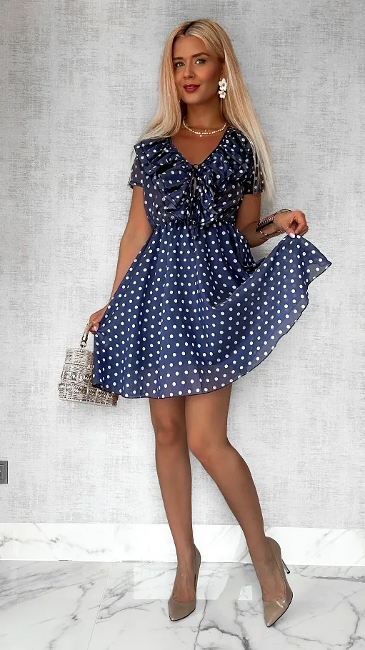 Granatowa sukienka w grochy z pięknym dekoltem ONE SIZE - P804