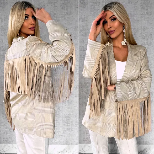 Oryginalna marynarka w kratkę z frędzlami ONE SIZE beżowa - R433A