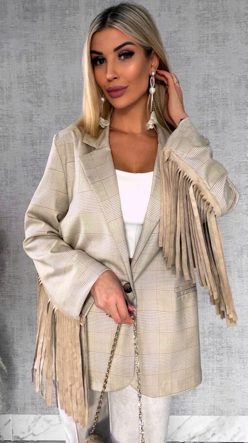 Oryginalna marynarka w kratkę z frędzlami ONE SIZE beżowa - R433A