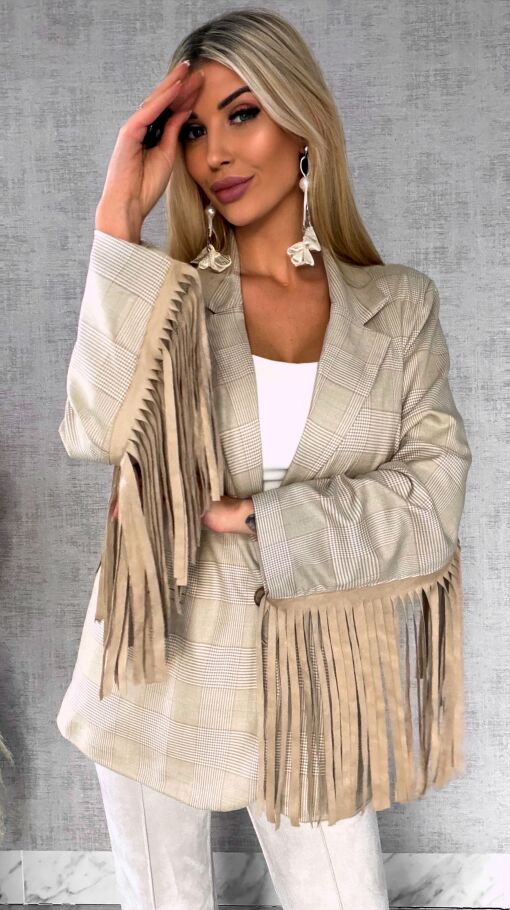 Oryginalna marynarka w kratkę z frędzlami ONE SIZE beżowa - R433A