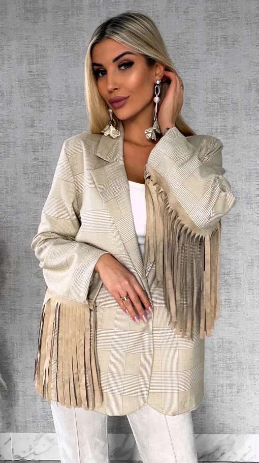 Oryginalna marynarka w kratkę z frędzlami ONE SIZE beżowa - R433A