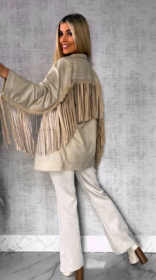 Oryginalna marynarka w kratkę z frędzlami ONE SIZE beżowa - R433A