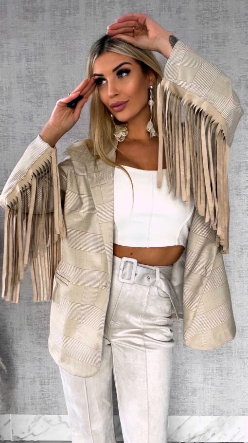 Oryginalna marynarka w kratkę z frędzlami ONE SIZE beżowa - R433A