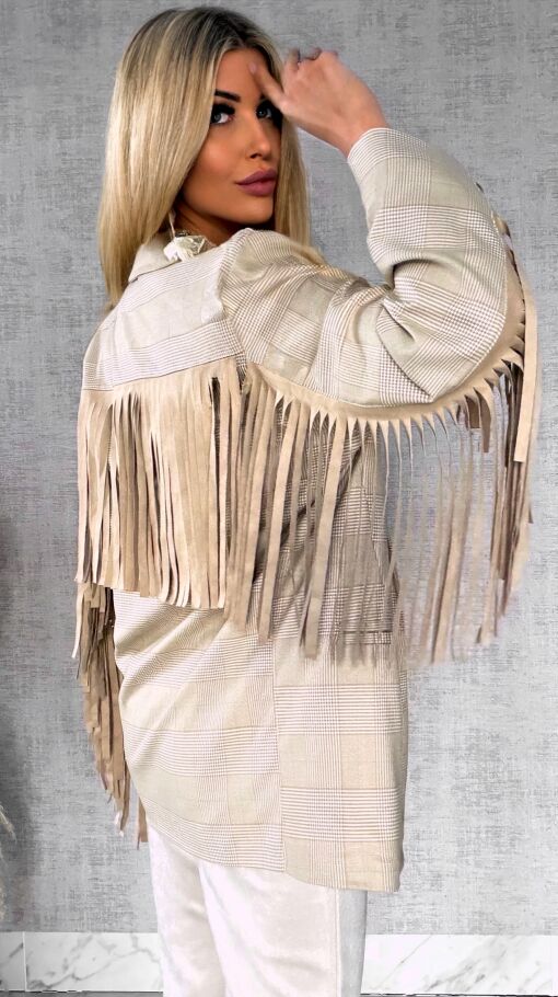 Oryginalna marynarka w kratkę z frędzlami ONE SIZE beżowa - R433A