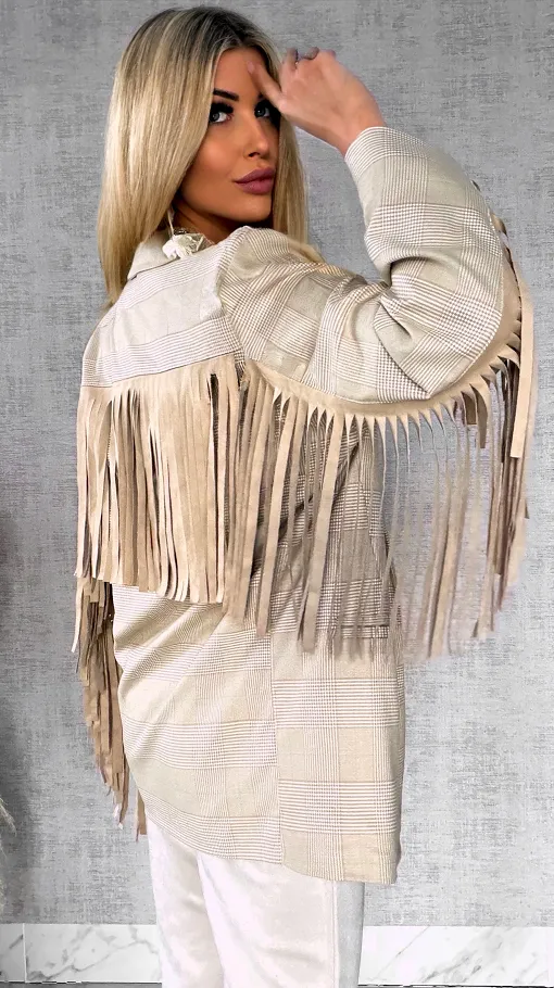 Oryginalna marynarka w kratkę z frędzlami ONE SIZE beżowa - R433A