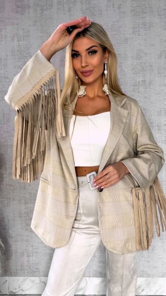 Oryginalna marynarka w kratkę z frędzlami ONE SIZE beżowa - R433A