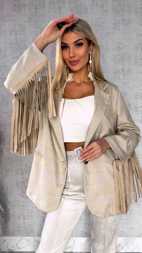 Oryginalna marynarka w kratkę z frędzlami ONE SIZE beżowa - R433A