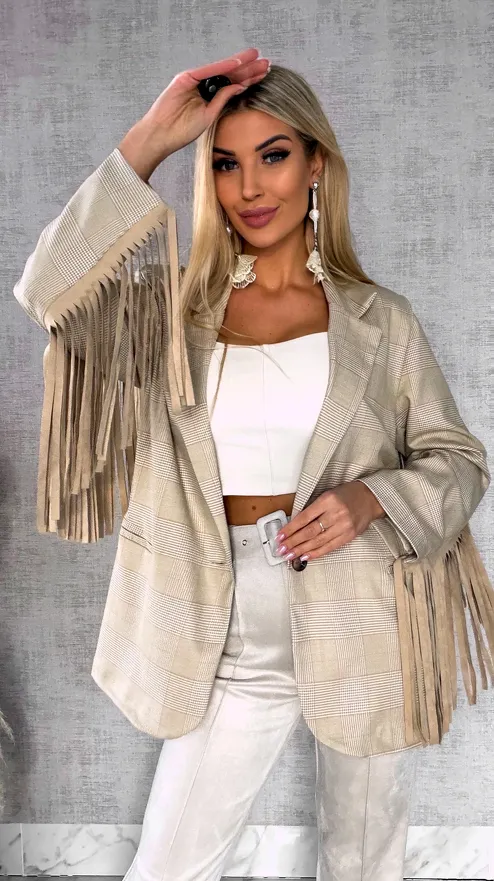 Oryginalna marynarka w kratkę z frędzlami ONE SIZE beżowa - R433A