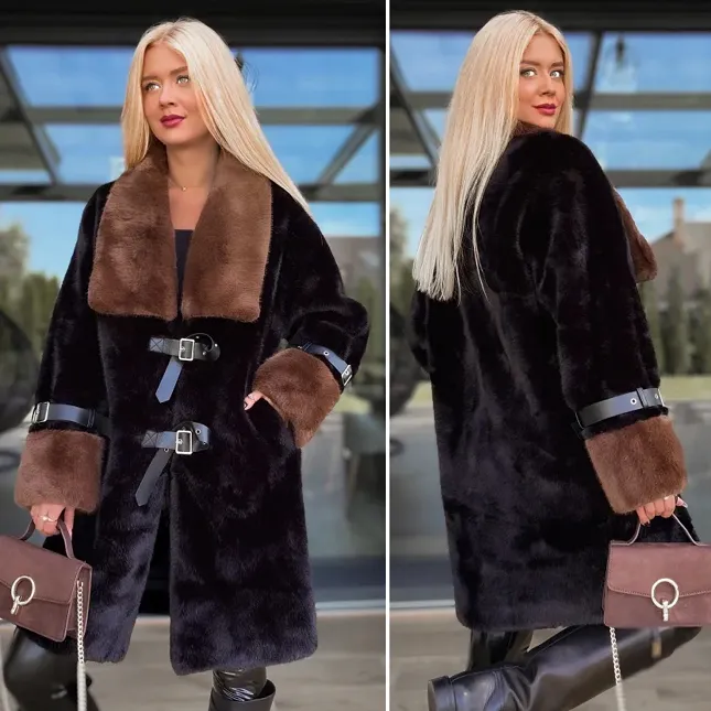 Oryginalne czarne futro OVERSIZE zapinane na paski - R119