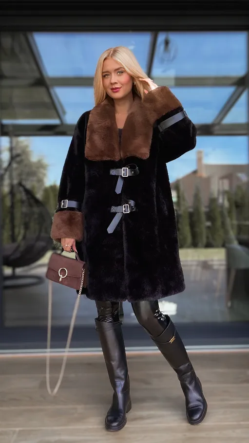 Oryginalne czarne futro OVERSIZE zapinane na paski - R119