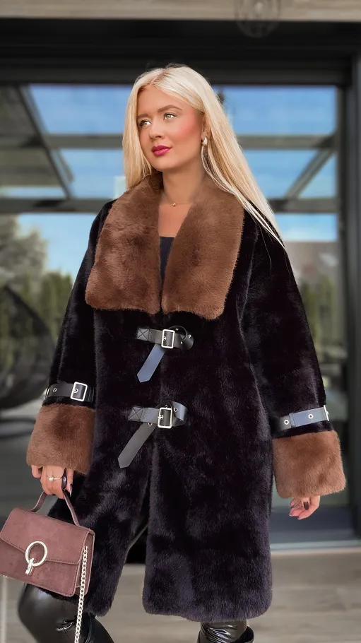 Oryginalne czarne futro OVERSIZE zapinane na paski - R119