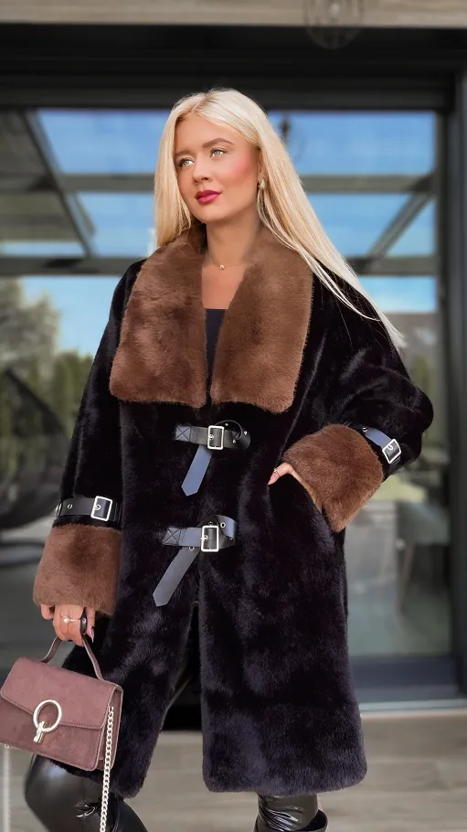 Oryginalne czarne futro OVERSIZE zapinane na paski - R119