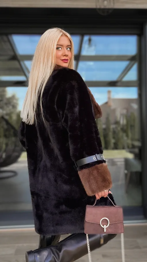 Oryginalne czarne futro OVERSIZE zapinane na paski - R119