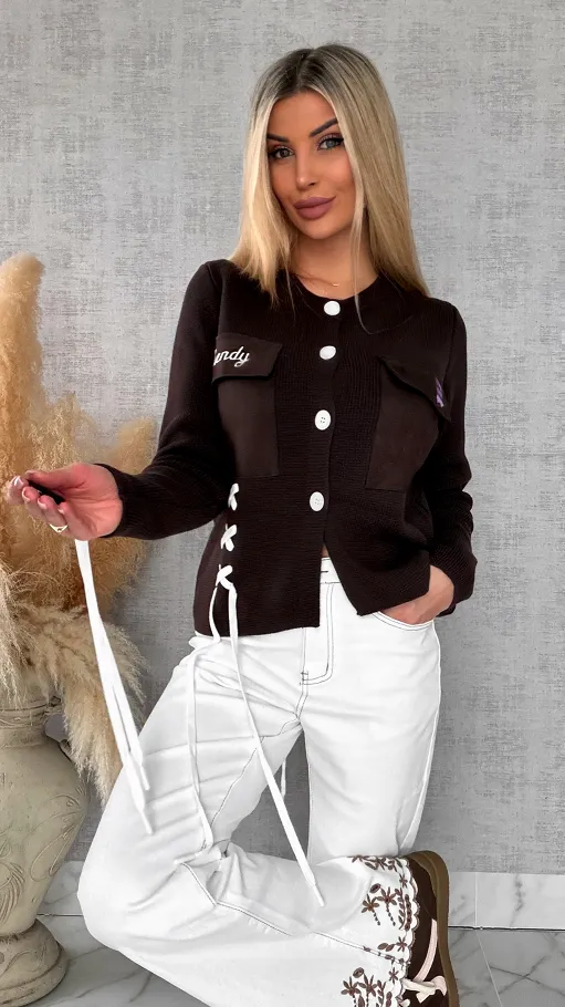 Bawełniany sweter w stylu katany zapinany na guziki ONE SIZE czekolada - R623B