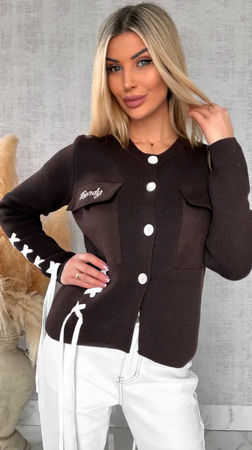 Bawełniany sweter w stylu katany zapinany na guziki ONE SIZE czekolada - R623B