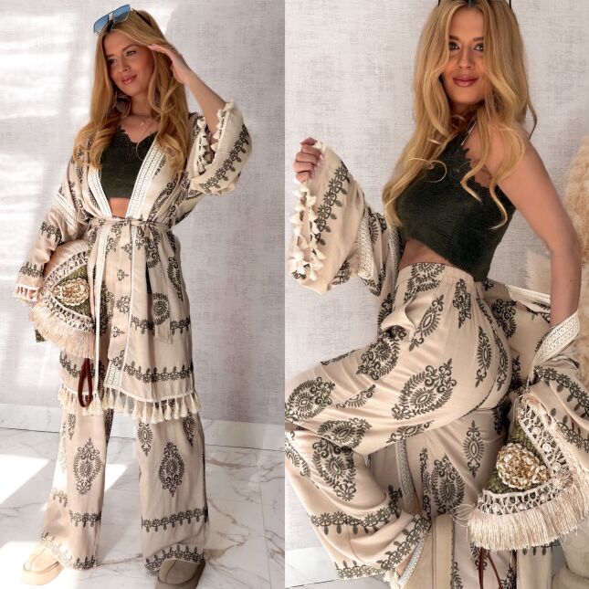 Luźny boho komplet ecru NARZUTKA + spodnie - R974